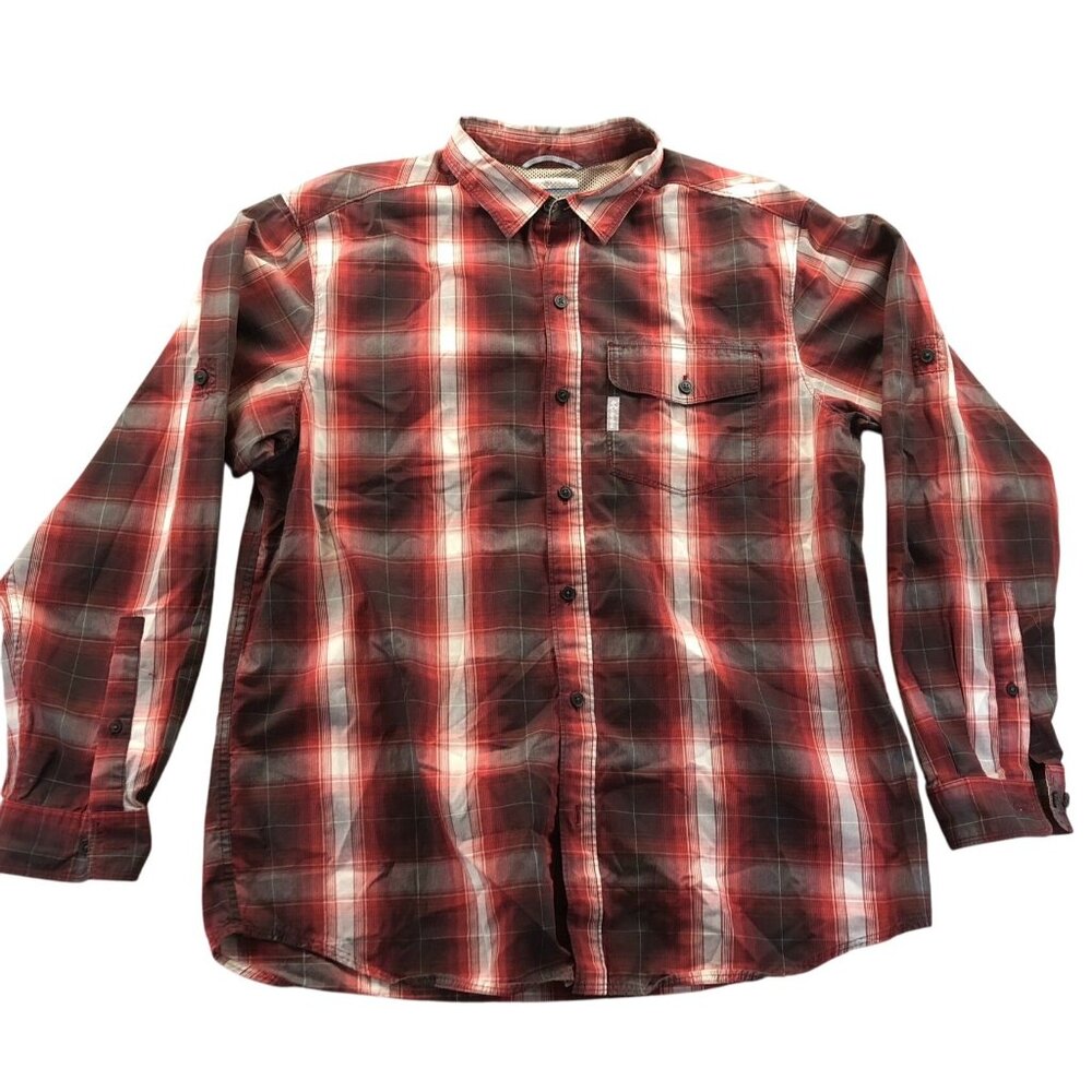 Columbia Men Fishing Shirt Large Red Plaid Button-Up Long Sleeve Outdoors Casual